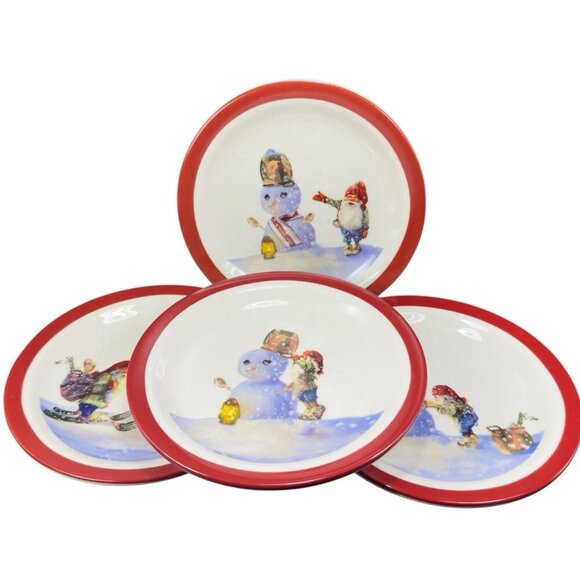 Williams Sonoma Santa Building Snowman 7inch Plate Dish Set 4 All Different VTG - Picture 1 of 11